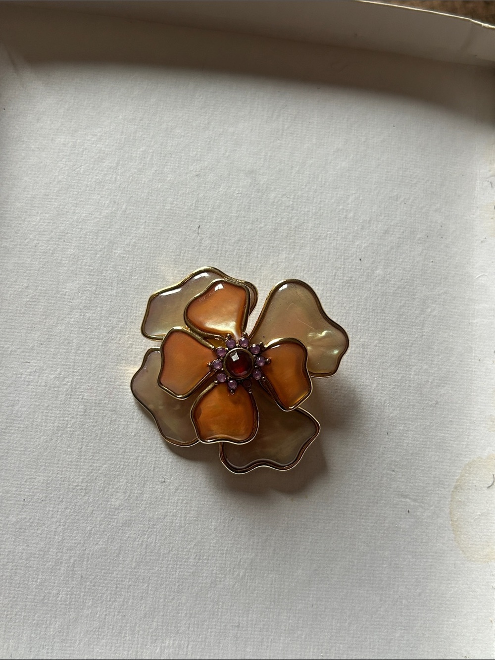 Gold-Tone Orange Flower Brooch with Purple Center